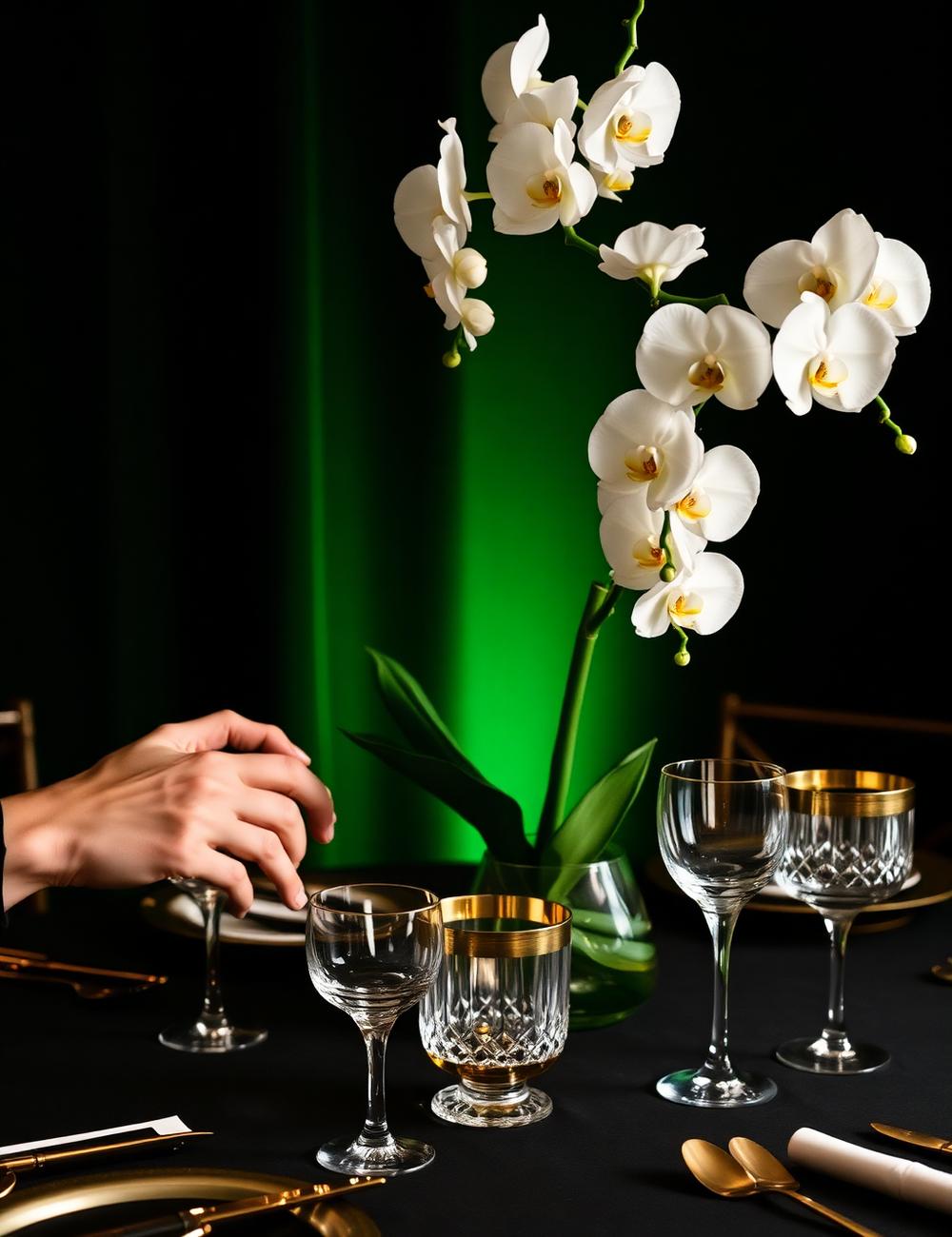 An event designer arranging orchids and crystal at the atelier