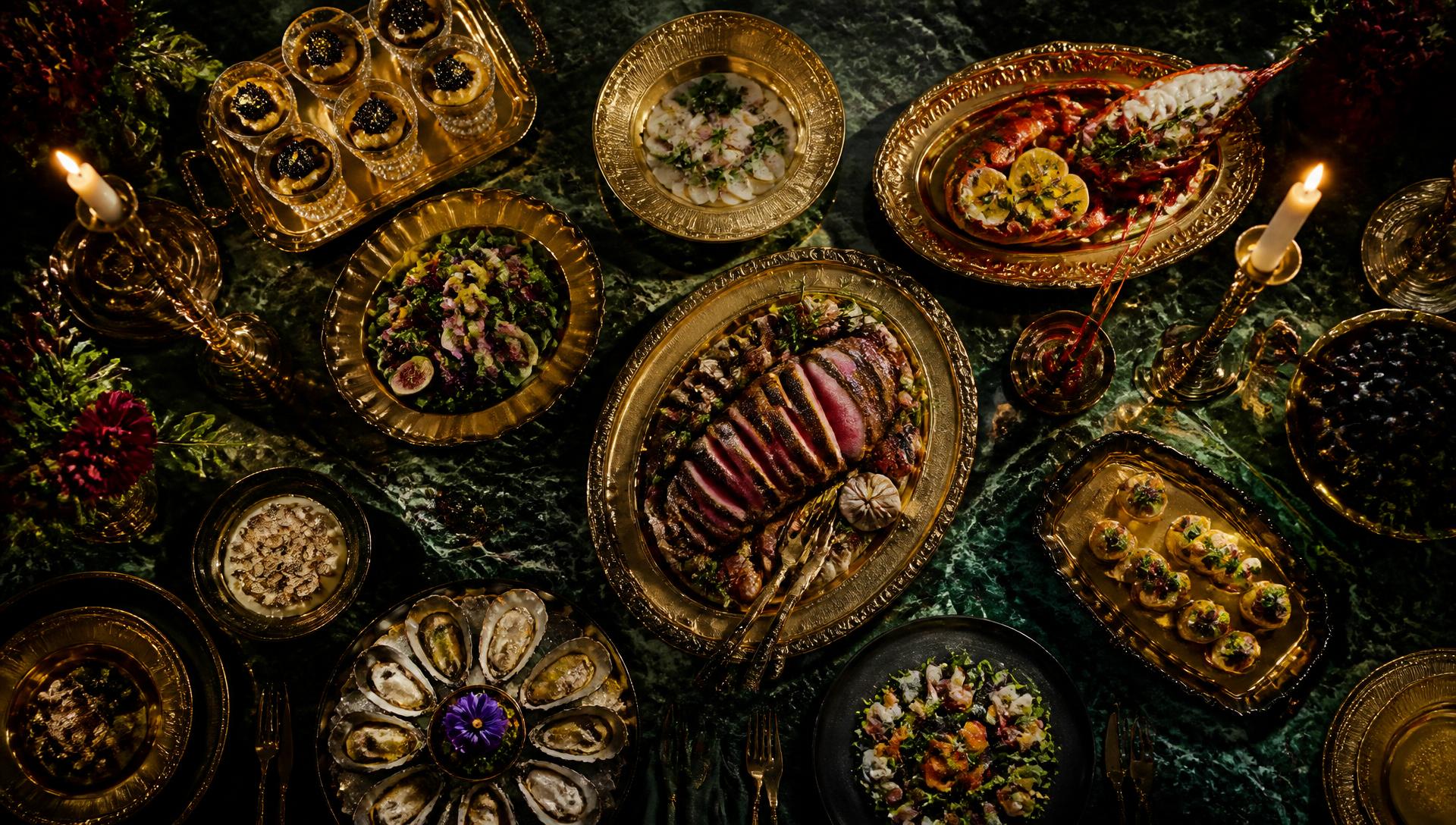 An opulent banquet of gourmet dishes on dark emerald marble